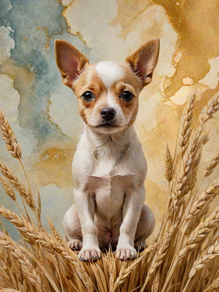 Soft, muted Alcohol Ink with ebru effect background image of tiny whimsical dog, who climbed high on the top of a golden rye ear.