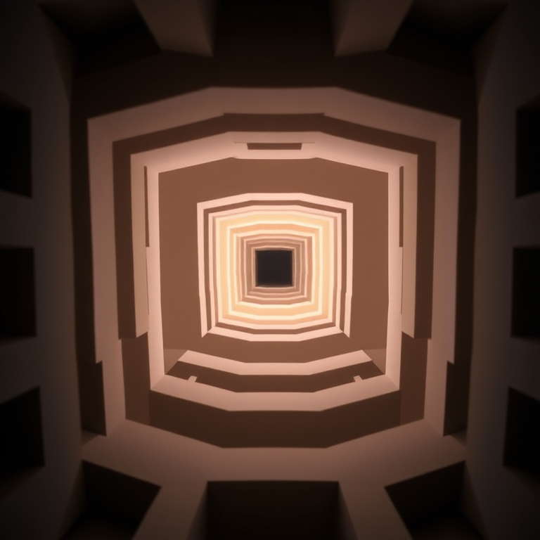 Create a high-resolution abstract image featuring concentric squares funneling toward a central point, using a Canon EOS R5 with a 24-70mm f/2.8 lens, aperture set to f/8, ISO 100, and a shutter speed of 1/250s, captured at a straight-on angle with a slight vignette effect for added depth.