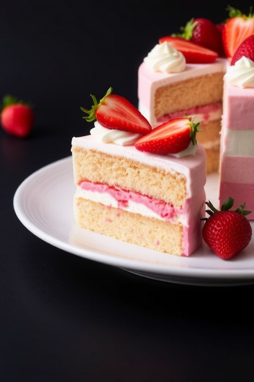 A beautifully layered cake with pink and white frosting, topped with fresh strawberries, served on a white plate against a dark background, with a slice cut to reveal its layers and a whole cake in the background.