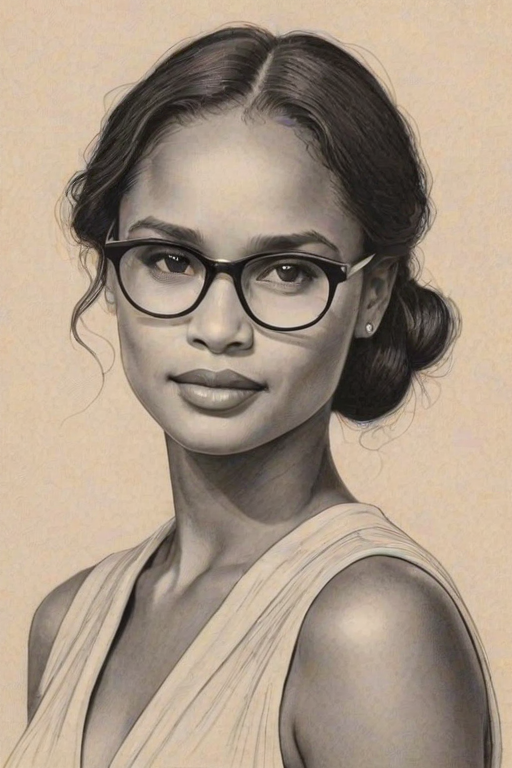 Stunning Joy Bryant, pencil sketch, portrait of Graceful woman 1920s in glasses, hair style beatnik, outline, clear lines, fine lines, 8k