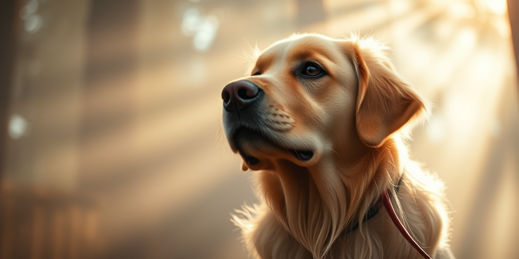 Captured with a Canon EOS R5, 50mm lens, aperture f/1.8, ISO 100, 1/200 sec, low angle view, soft focus, chiaroscuro lighting, emphasize the golden retriever against a misty background with dramatic light rays.