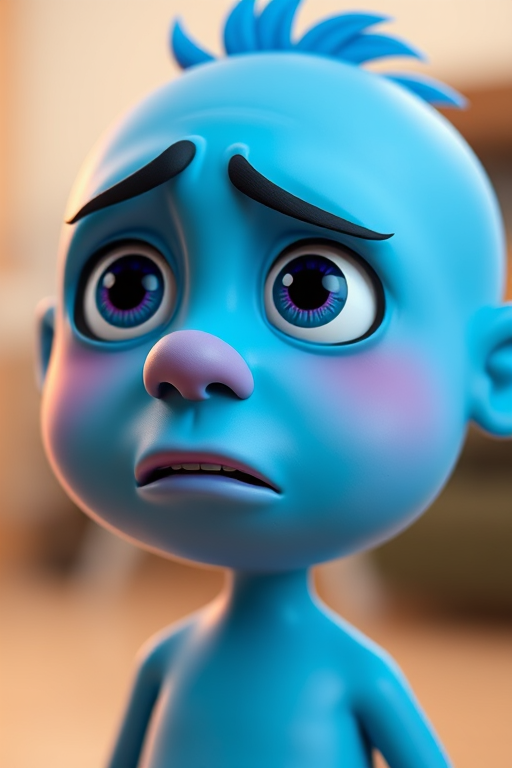 Generate a high-resolution cartoonish blue character with a worried expression, use a DSLR camera at f/2.8 aperture, ISO 100, 24mm lens, shot from a close-up angle with vibrant colors and soft lighting.