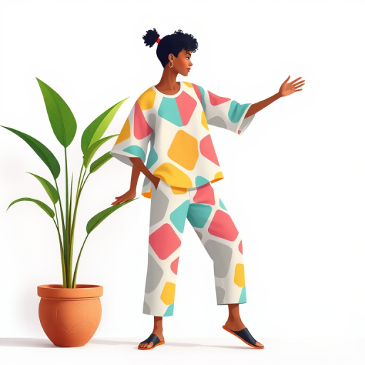 Create a digital illustration of a stylized figure in a dynamic pose with geometric patterns on clothing, bright pastel colors, a plant in a terracotta pot beside them, use a soft focus camera view, high resolution, digital art style simulated with a Canon EOS 5D Mark IV at f/2.8, ISO 100, and a wide-angle lens for depth.