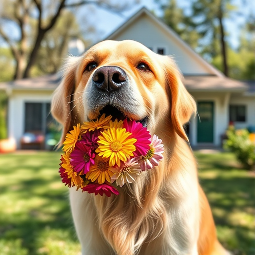 A happy golden retriever holding colorful flowers in its mouth in a sunny backyard with a house in the background and trees surrounding the area