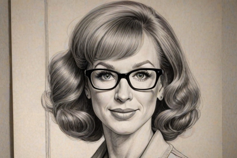 Magnificent Kathy Griffin, pencil sketch, portrait of Bewitching woman 1952s in glasses, hair style beatnik, outline, clear lines, fine lines, 8k