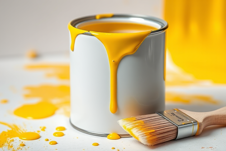 Create a highly detailed image of a paint can with yellow paint dripping from the edges and a paintbrush beside it with yellow paint on the bristles, use a DSLR camera with a 50mm lens at f/1.8, ISO 100, in natural lighting for a vibrant and sharp focus.