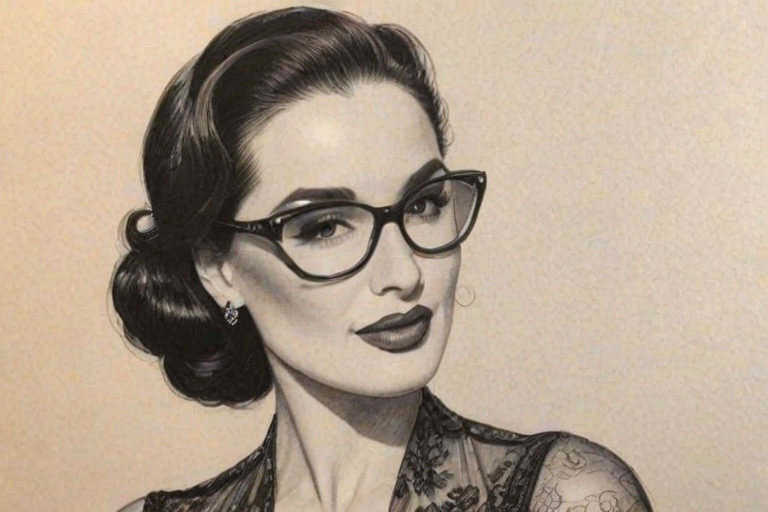 Wonderful Dita Von Teese, pencil sketch, portrait of Exquisite woman 1977s in glasses, hair style beatnik, outline, clear lines, fine lines, 8k