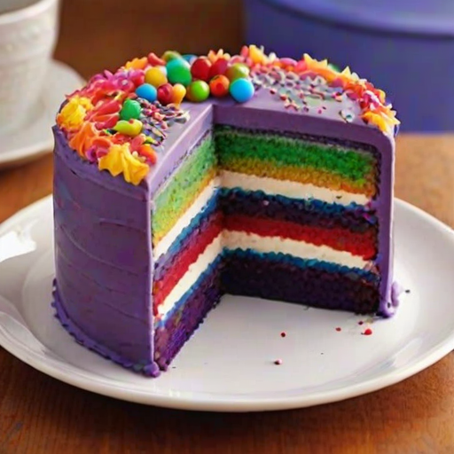 Create an image of a colorful rainbow layer cake with a vibrant purple frosting. The cake should have a smooth, glossy finish and be topped with a variety of colorful sprinkles. The inside should reveal layers of bright rainbow colors, showcasing a fun and festive design. The setting should be bright and cheerful, emphasizing the cake's playful nature.