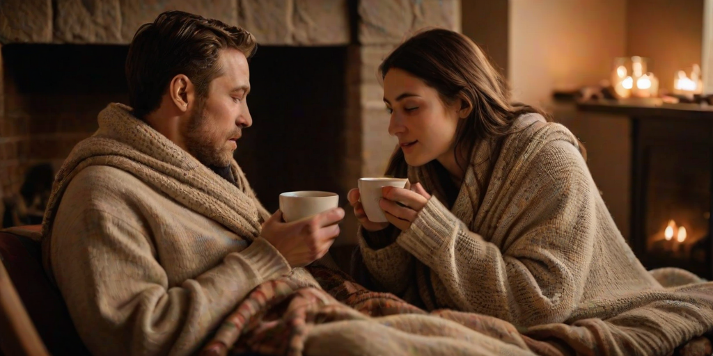 Warm, softly lit image of a couple sitting by a fireplace, wrapped in blankets and sipping hot tea, soft glow from the flames casting warm shadows on their faces, with the smell of burning wood filling the air.