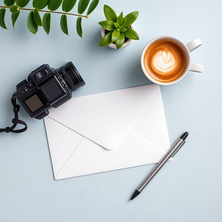 Create a high-resolution flat lay image featuring a blank envelope, a silver pen, a cup of latte art coffee, and a small green plant on a light blue textured background, using a DSLR camera, 50mm lens, f/1.8 aperture, 1/125s shutter speed, and natural lighting.