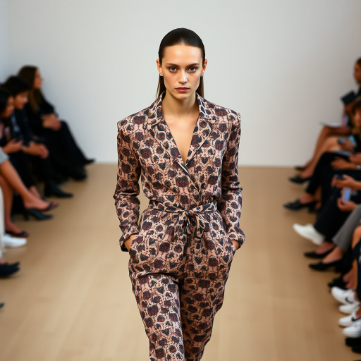 Capture the model from a high angle, emphasizing the outfit’s pattern and silhouette. Use a 35mm prime lens to maintain sharpness and minimize distortion