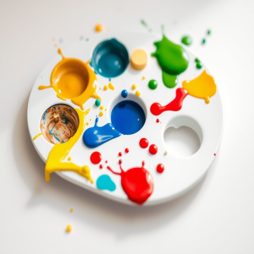 Create an image of a painter's palette with vibrant splashes of blue, yellow, green, and red paint, captured with a DSLR camera, 50mm lens, f/2.8 aperture, ISO 100, in a soft natural light setting, ensuring a clean white background for emphasis on the colors.