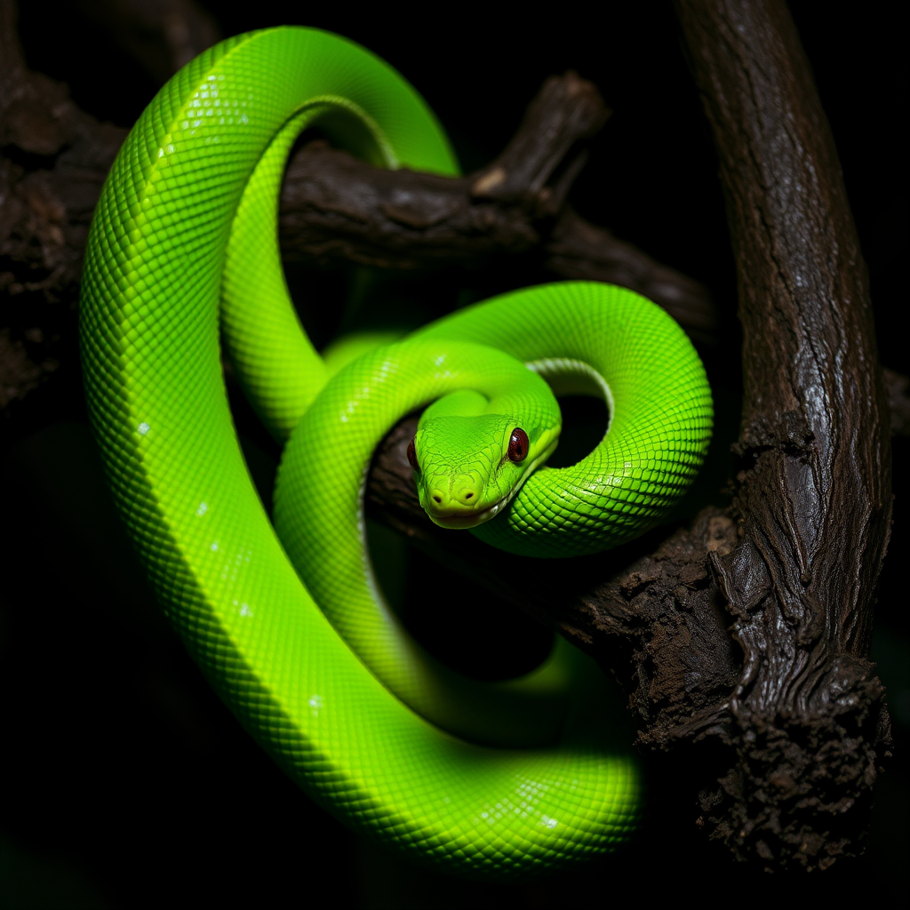 Create an image of a vibrant green snake coiled around a dark, textured branch in a dimly lit environment, focusing on the snake's intricate scales and the contrast between the green and the brown of the branch.