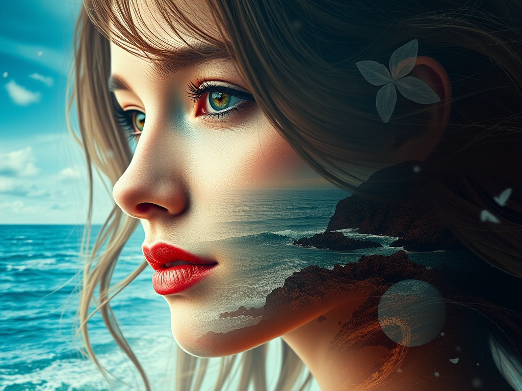 imagine Book cover, A surreal double exposure portrait that blends a woman's face with a beautiful seascape. The overall mood is dreamy and mystical, with rich colors and intricate details