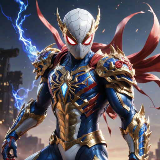 A high-budget, anime-style wallpaper featuring Spiderman in an epic White, blue red Kirin armor. Golden dragon gloves, the gloves is in the shape of dragon heads, Golden dragon head gloves, White glossy eyes, The armor is designed with metallic details that reflect light, showcasing intricate Kirin motifs. Spiderman's armor is a striking gradient of blue, red and white, with Colorful galaxy inner sections, making it look both powerful and sleek. The background is flat white, with Kirin-shaped blue-violet glowing rune relic to give the impression power, striking pose, the Kirin's armor is dominantly in white, with some details in blue and red, Cinematic anime action scene, cinematic action pose, medium shot action portrait, dramatic effect of shadow and light.
