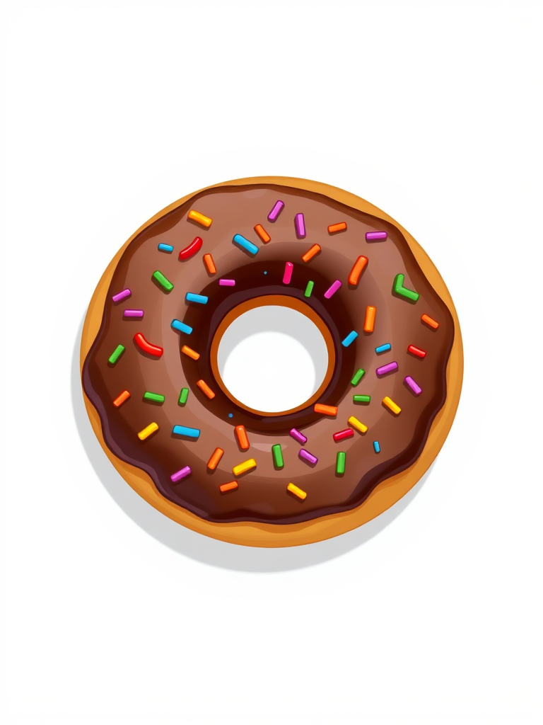 Create a high-resolution image of a cartoon donut with chocolate icing and colorful sprinkles, using a 35mm lens, f/2.8 aperture, ISO 100, overhead view, digital camera style, with vibrant colors and clear details.