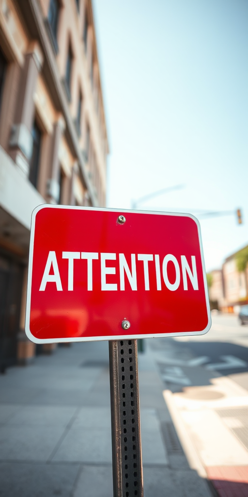Create an image of a bold red warning sign with the word "ATTENTION" in large white letters, using a DSLR camera with a 50mm lens, aperture set to f/2.8, ISO 200, shot from eye level with natural light to enhance clarity and contrast.