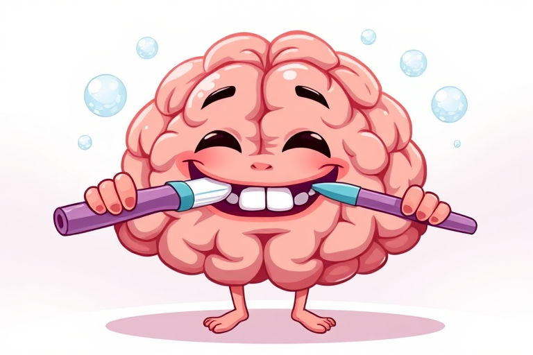 Create a cartoon-style illustration of a brain with arms, brushing its teeth with a toothbrush while bubbles float around, with a soft focus effect, using a digital drawing tablet, and a high-resolution setting of 300 DPI.