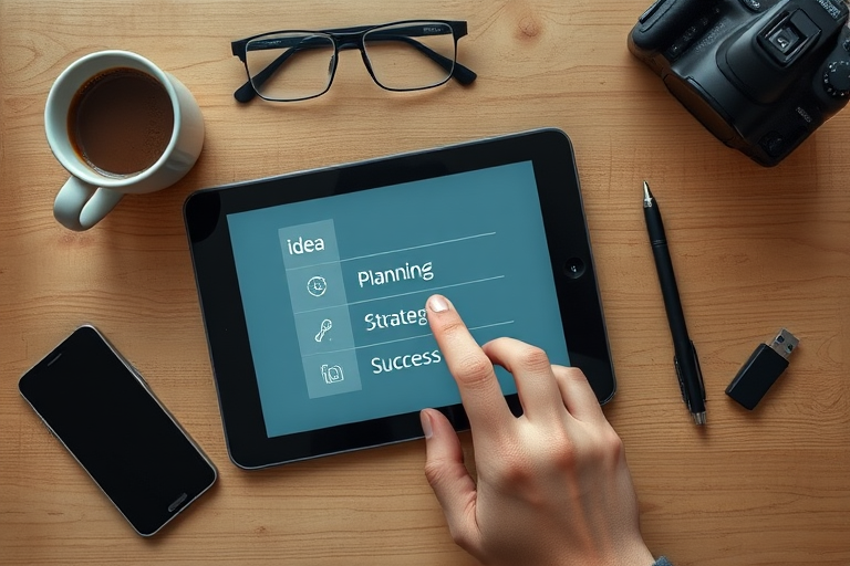 regenerate the image of a workspace scene featuring a tablet displaying steps labeled "idea, planning, strategy, success" with a hand touching the screen, a cup of coffee, glasses, a smartphone, a pen, and a USB drive, shot with a Canon EOS 5D Mark IV at 50mm f/1.8, aperture priority mode, natural lighting from above, top-down view, sharp focus on the tablet and hand.