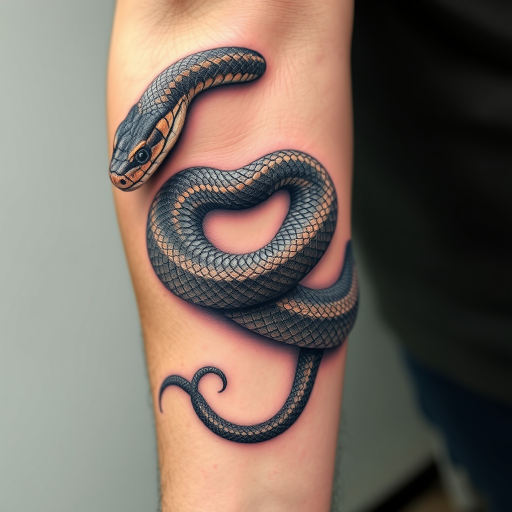 Hyperrealistic 3D snake tattoo coiling around the arm, with incredibly detailed scales and lifelike textures creating the illusion of a living creature on the skin