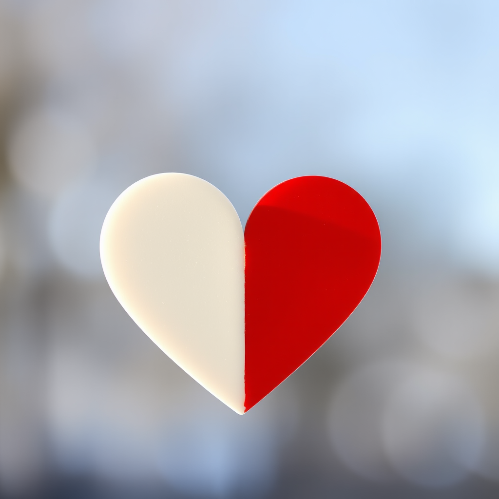 Create a high-resolution image of a heart shape divided horizontally with the top half white and the bottom half red, captured using a DSLR camera at f/2.8 aperture, 50mm lens, in natural lighting, with a shallow depth of field and a slight vignette effect.