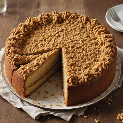 Generate an image of a freshly baked cake with a golden-brown crust and a crumbly topping. The cake should have a light, fluffy texture and may contain visible fruit pieces. The setting should feature a rustic baking tray, with some crumbs scattered around for a homemade feel.