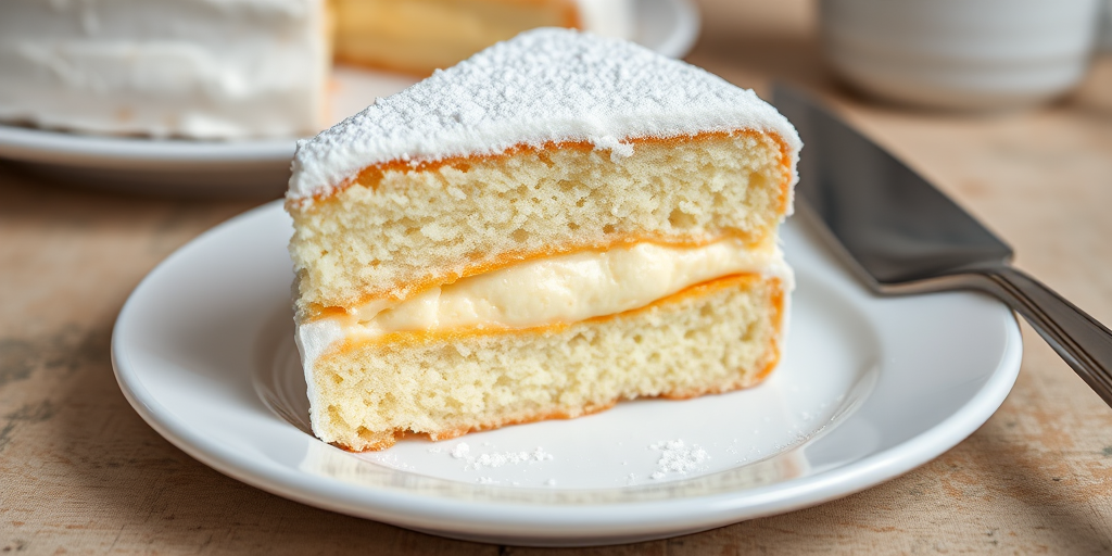 A close-up of a slice of fluffy white cake with powdered sugar on top revealing a creamy filling inside on a white plate with a cake server nearby.