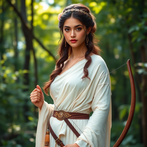 Create a portrait of a goddess-like Persian girl figure in a tranquil, forested environment. She has an elegant appearance with long, wavy hair styled in an updo and adorned with a delicate, floral headband. She wears a flowing, ancient Greek-inspired gown in a soft, pale color, featuring a one-shoulder design and draped fabric that accentuates her graceful form. The outfit includes a decorative belt with ornate gold detailing, and she holds a bow in her hand, with a quiver of arrows slung over her shoulder. The background depicts lush greenery, with sunlight filtering through the trees, casting a gentle, ethereal light on the scene. Her expression is calm and contemplative, embodying a sense of wisdom and serenity.