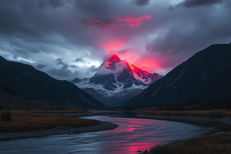 Create a dramatic mountain landscape scene with a glowing red peak against a stormy sky, reflective river in the foreground, shot with a Canon EOS R5, 24mm lens, f/8 aperture, ISO 100, at twilight for enhanced color saturation and contrast.