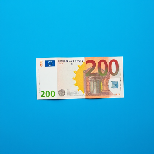 create an image of a 20 euro banknote isolated on a blue background, shot with a Canon EOS R5 using a 50mm lens at f/2.8, 1/125 sec, ISO 100, in a flat lay style with even lighting to enhance detail and clarity