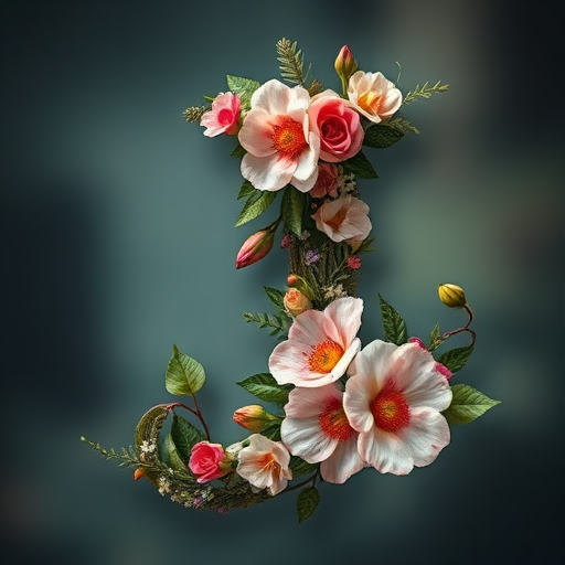 Regenerate an artistic representation of the letter J with floral elements, using a high-resolution DSLR camera set to f/2.8 aperture, ISO 100, and a shutter speed of 1/125s, captured from a close-up view with a soft focus background to enhance the details and vibrancy of the design.