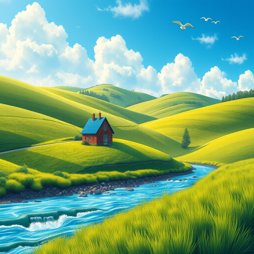 Generate a vibrant landscape illustration featuring rolling green hills, a quaint house with a blue roof, flowing water in the foreground, and a bright blue sky with fluffy white clouds and flying birds, using a digital camera with a 35mm lens, f/8 aperture, ISO 100, and a wide-angle view for enhanced image quality.
