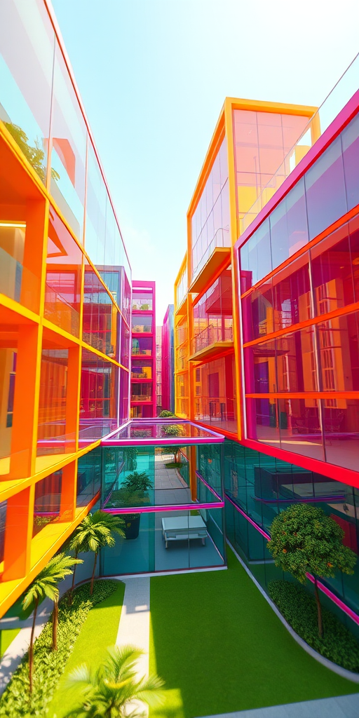Create a vibrant 3D render of colorful, modern architectural buildings with transparent walls, using a wide-angle lens at f/8, with soft afternoon lighting, shot from a bird's eye view with a DSLR camera to enhance image quality.