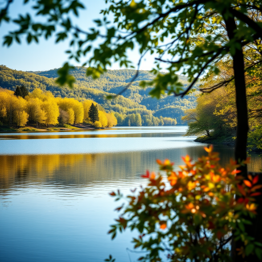 scenic view of a lake surrounded by lush green trees and hills in soft daylight, capturing reflections on the water surface, with a focus on the vivid colors of spring foliage, using a DSLR camera, 50mm lens, f/8 aperture, ISO 200, shutter speed 1/125 sec, shot at eye level to enhance the depth of field.