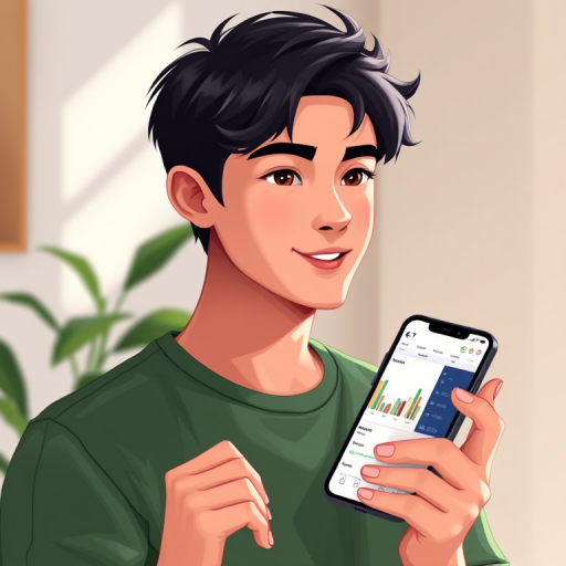 Create a digital illustration of a young man with dark hair wearing a green shirt, holding a smartphone displaying a chart, with a potted plant and leaf elements in the background, using a Canon EOS 5D Mark IV, 50mm lens, f/2.8 aperture, ISO 100, shot in natural light with a soft focus effect.