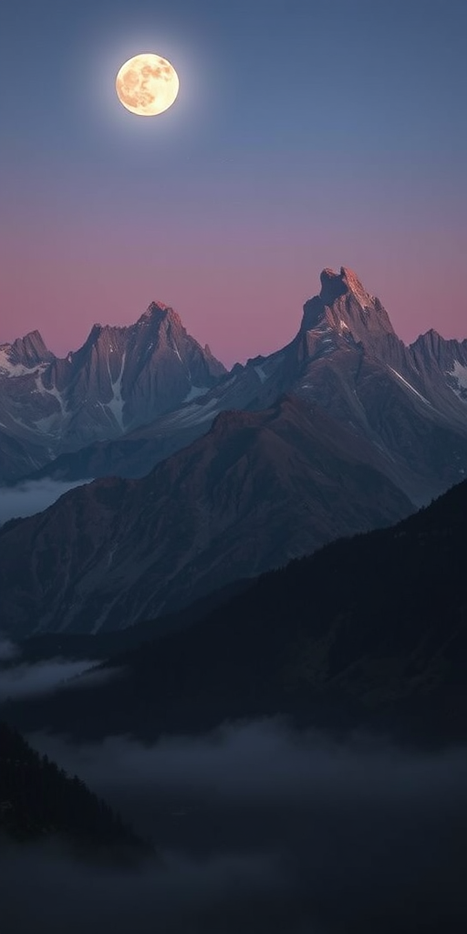 Regenerate a high-resolution image of a moonlit mountainous landscape with dramatic peaks and valleys, using a DSLR camera with a 24mm lens at f/8, ISO 200, and a shutter speed of 1/60s, in a wide-angle view, capturing the serene twilight ambiance with soft shadows and mist.
