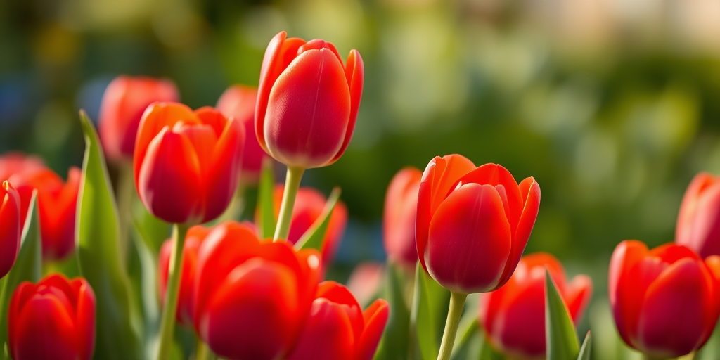 Create a high-resolution image of vibrant red tulips with green stems, focusing on a close-up view using a DSLR camera at f/2.8 aperture, ISO 100, and a shutter speed of 1/250 sec, with natural lighting and a soft bokeh background.