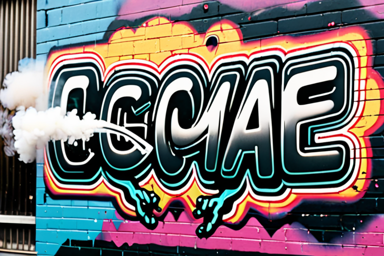 alien holdind a graffiti can blowing smoke cloud with the word spelled out in the smoke