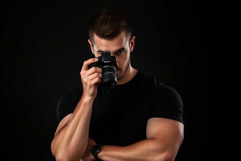 A muscular man in a black t-shirt holding a camera up to his face in a dramatic monochrome studio setting.