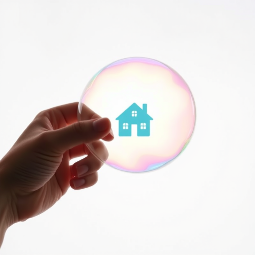 Create an image of a hand holding a large colorful soap bubble with a silhouette of a house inside, set against a plain white background, using a DSLR camera with a 50mm lens, aperture f/2.8, ISO 100, and natural soft lighting for enhanced clarity and vivid colors.