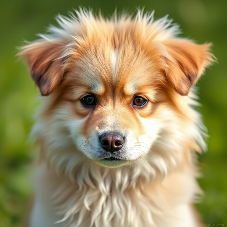 Create a high-resolution image of a fluffy dog with a focused expression, shot with a Canon EOS R5, 85mm f/1.4 lens, aperture set to f/2.8, ISO 100, and a shallow depth of field, in natural outdoor lighting with a blurred green background.