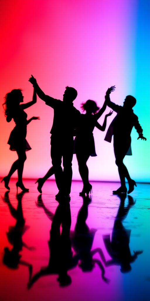 Create a vibrant silhouette of four dancing figures on a colorful gradient background featuring red, pink, blue, and green, with reflective surfaces, shot with a DSLR camera at f/2.8, ISO 100, 1/125s, from a low-angle view using a wide-angle lens to enhance depth and detail.