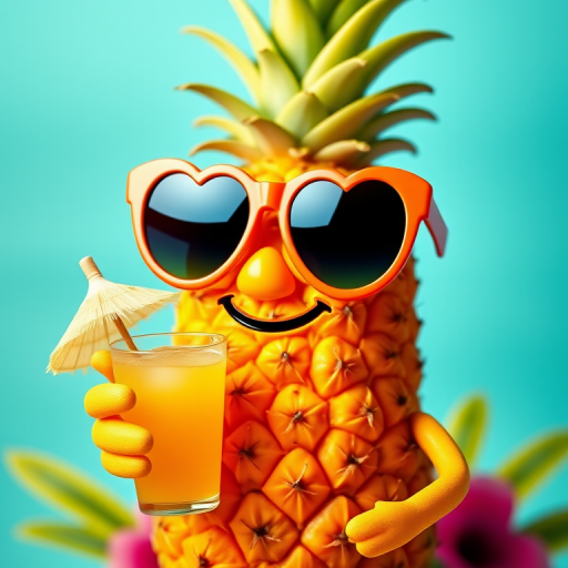 Create a vibrant cartoon pineapple character wearing oversized heart-shaped sunglasses and holding a tropical drink with a small umbrella, bright colors, soft lighting, 50mm lens, f/2.8 aperture, ISO 100, shallow depth of field, high-resolution digital art.