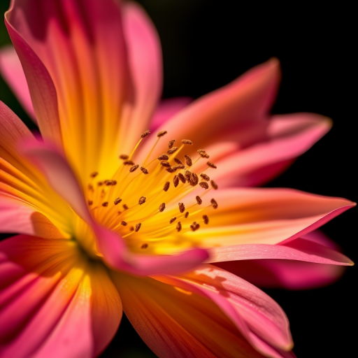 Generate a vibrant, high-contrast image of a stylized flower with intricate details, captured with a Canon EOS R5 at f/2.8, 1/200s shutter speed, ISO 100, shot in macro mode with natural light and a shallow depth of field.