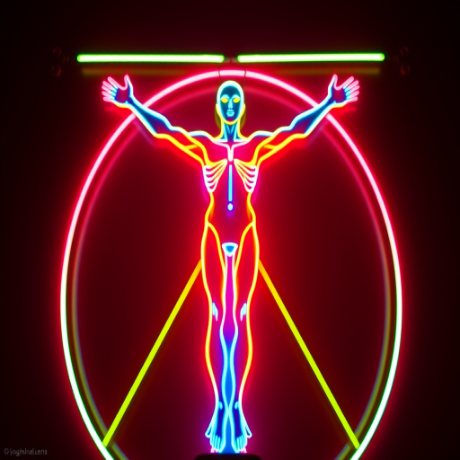 Create a high-resolution image of a stylized Vitruvian Man with vibrant neon colors, using a DSLR camera with a 50mm lens at f/1.8, ISO 100, and a shallow depth of field, shot from a frontal perspective with soft diffused lighting.