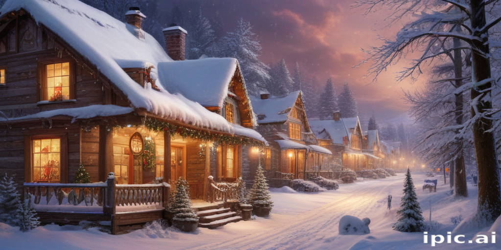 Charming Winter Village with Snow-Covered Cottages and Holiday Lights ...