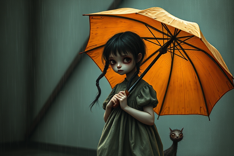 An eerie, weird little girl with dark hair in thin pigtails, wearing a smock dress, standing in the rain, holding a dirty orange umbrella, a small, odd creature beside her. In a surreal style inspired by Nicoletta Ceccoli and Brian Froud. Dark fantasy themes