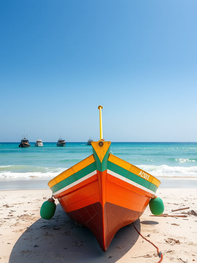 Capture a vivid, high-resolution image of a colorful fishing boat on the beach facing the ocean with boats in the background under a bright blue sky, using a Canon EOS R5, 24mm lens, aperture f/8, shutter speed 1/250s, ISO 200, wide-angle perspective, natural lighting.