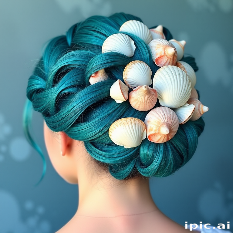 Mystical Mermaid Seashell Updo showcasing a captivating blend of teal turquoise and aquamarine hues styled into an intricate updo resembling a cluster of iridescent seashells