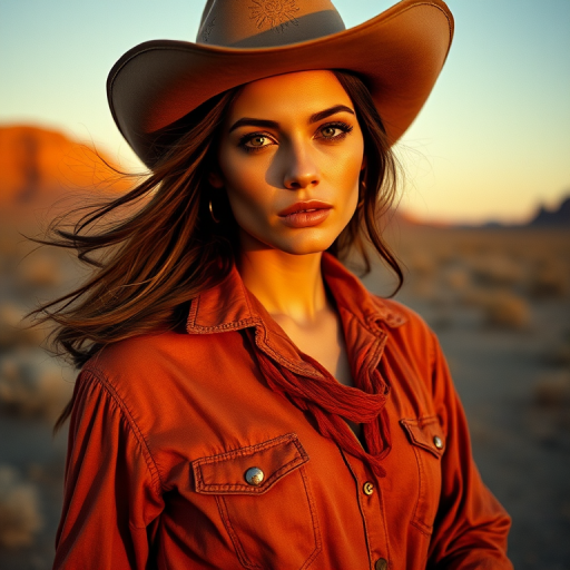 Dramatic photo of a beautiful Western American woman, classic cowboy attire, confident and free spirit expression, half-length portrait, centered, golden hour desert landscape, warm, diffused light, low angle, medium format film camera, in style of Annie Leibovitz.